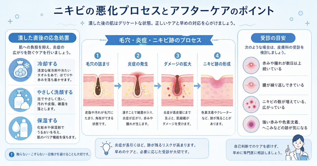 ニキビを潰してしまった!跡にしない応急処置と受診の目安を解説